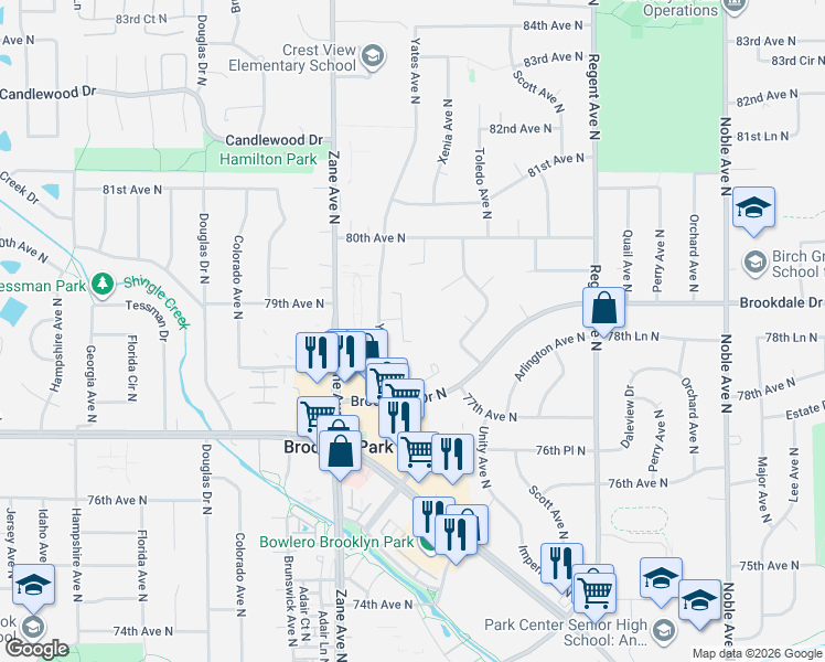 map of restaurants, bars, coffee shops, grocery stores, and more near 7812 Yates Avenue North in Minneapolis