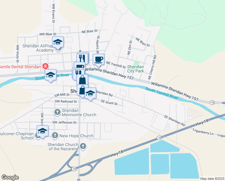 map of restaurants, bars, coffee shops, grocery stores, and more near 411 Southeast Sheridan Road in Sheridan