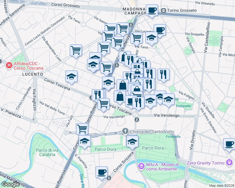 map of restaurants, bars, coffee shops, grocery stores, and more near 22 Via Gerolamo Tiraboschi in Torino