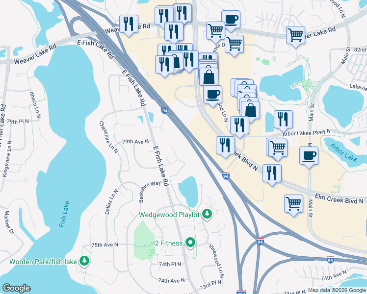 map of restaurants, bars, coffee shops, grocery stores, and more near 7822 Yucca Lane North in Maple Grove