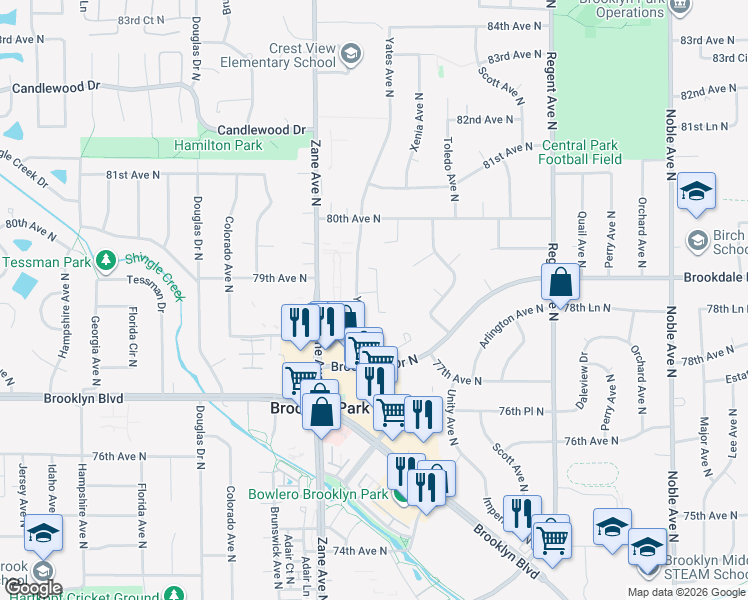 map of restaurants, bars, coffee shops, grocery stores, and more near 7812 Yates Avenue North in Minneapolis