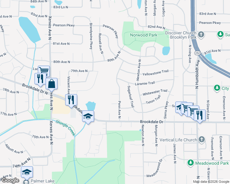 map of restaurants, bars, coffee shops, grocery stores, and more near 2410 78th Court North in Minneapolis