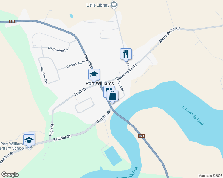 map of restaurants, bars, coffee shops, grocery stores, and more near Middle Street in Port Williams