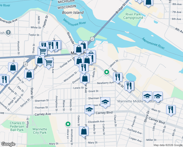 map of restaurants, bars, coffee shops, grocery stores, and more near 807 Wells Street in Marinette