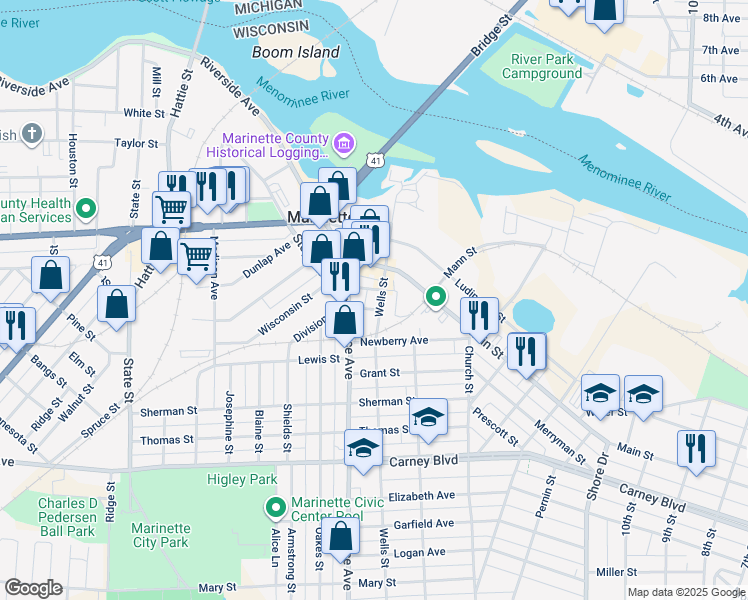 map of restaurants, bars, coffee shops, grocery stores, and more near 807 Wells Street in Marinette
