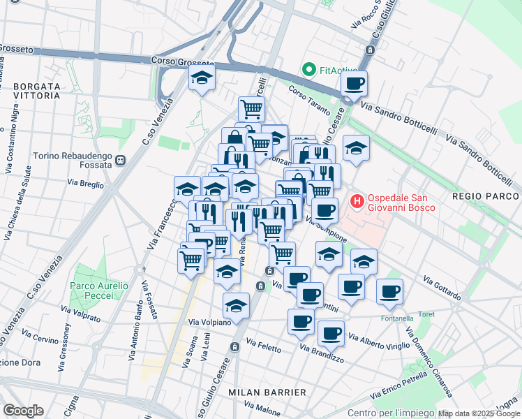 map of restaurants, bars, coffee shops, grocery stores, and more near 12 Via Enrico Cavaglià in Torino