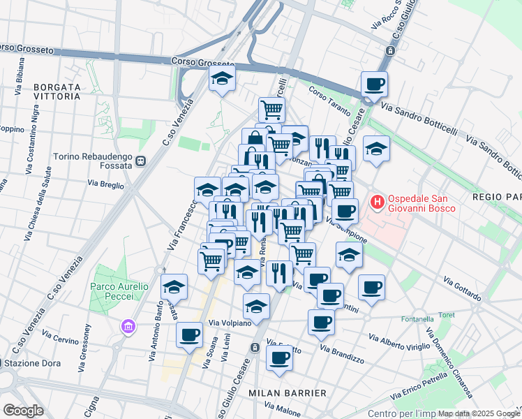map of restaurants, bars, coffee shops, grocery stores, and more near 69 Via Renato Martorelli in Torino