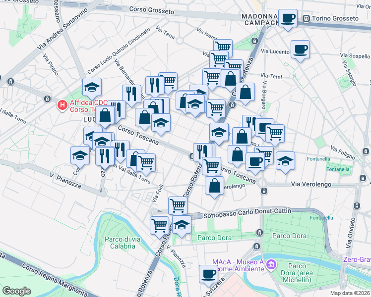 map of restaurants, bars, coffee shops, grocery stores, and more near 64 Corso Toscana in Torino