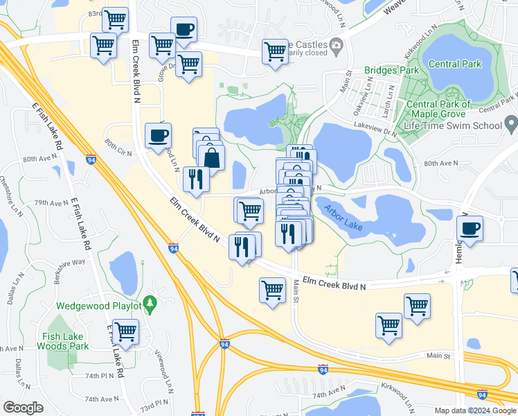 map of restaurants, bars, coffee shops, grocery stores, and more near 12927 Arbor Lakes Parkway North in Maple Grove