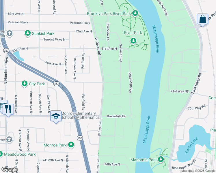 map of restaurants, bars, coffee shops, grocery stores, and more near 7836 West River Road in Minneapolis
