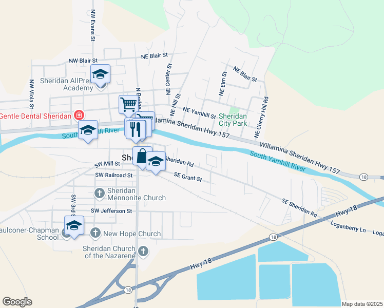 map of restaurants, bars, coffee shops, grocery stores, and more near 341 Southeast Sheridan Road in Sheridan