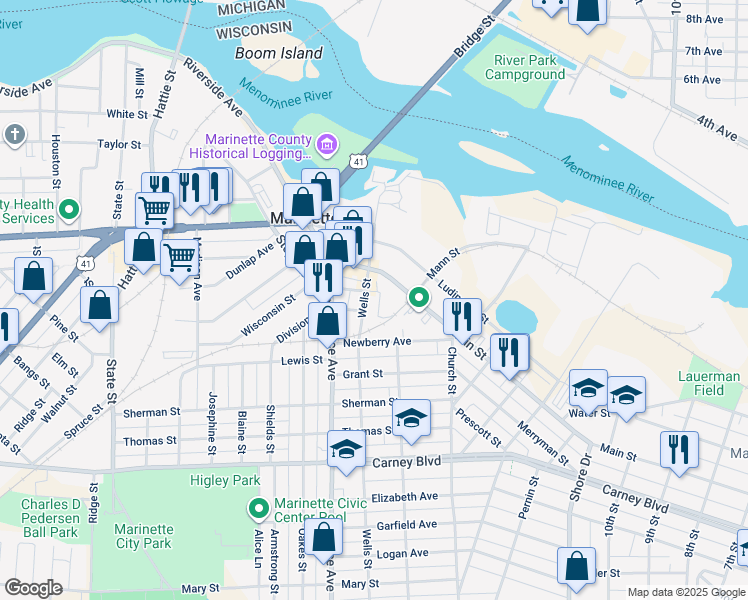 map of restaurants, bars, coffee shops, grocery stores, and more near 1531 Main Street in Marinette