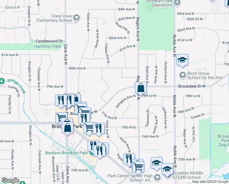 map of restaurants, bars, coffee shops, grocery stores, and more near 5308 Brookdale Drive North in Minneapolis