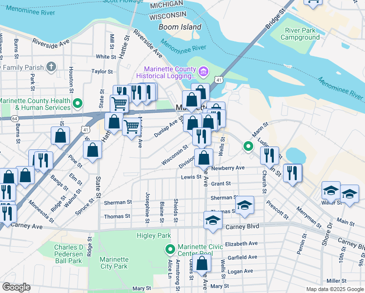map of restaurants, bars, coffee shops, grocery stores, and more near 1826 Wisconsin Street in Marinette