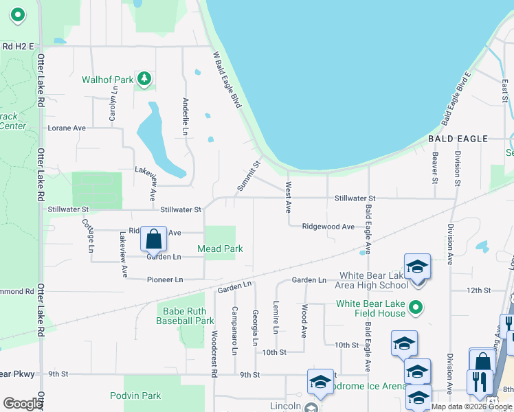 map of restaurants, bars, coffee shops, grocery stores, and more near 5164 Mead Road in White Bear Lake
