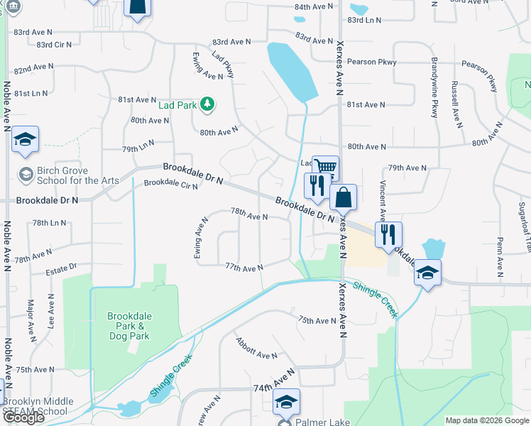 map of restaurants, bars, coffee shops, grocery stores, and more near 3424 78th Avenue North in Minneapolis