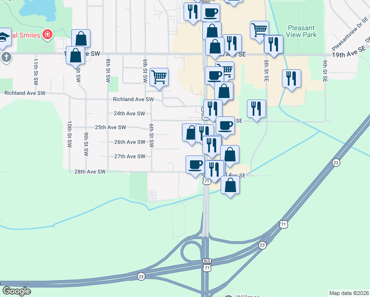 map of restaurants, bars, coffee shops, grocery stores, and more near 300 26th Avenue Southwest in Willmar