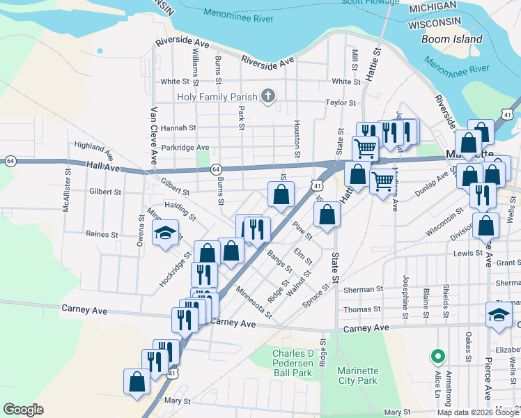 map of restaurants, bars, coffee shops, grocery stores, and more near 815 Jackson Street in Marinette