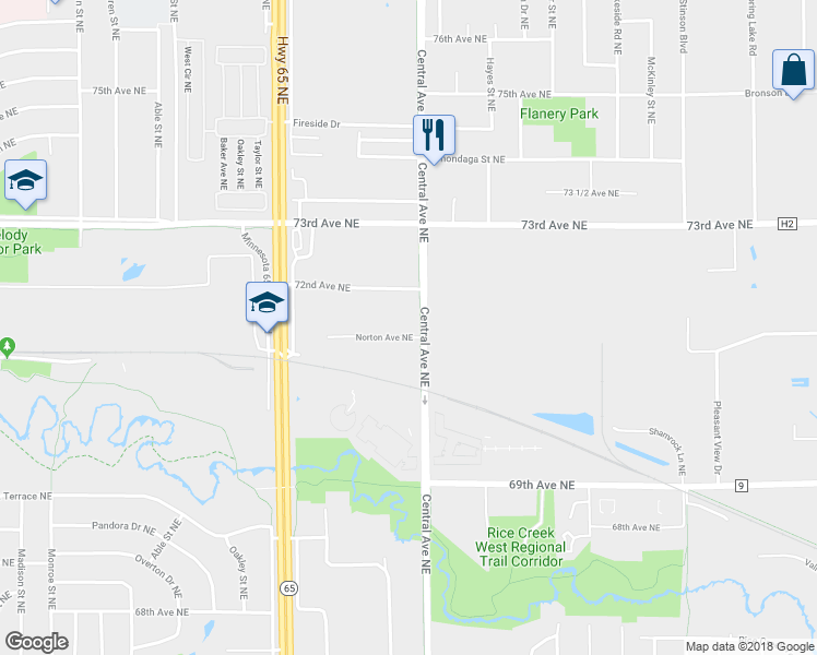 map of restaurants, bars, coffee shops, grocery stores, and more near 1287 Norton Avenue Northeast in Fridley