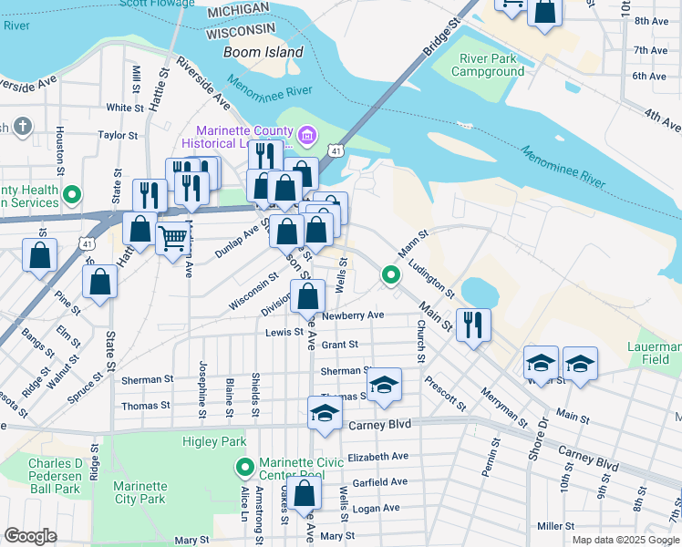 map of restaurants, bars, coffee shops, grocery stores, and more near 807 Wells Street in Marinette