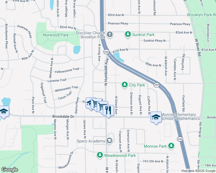map of restaurants, bars, coffee shops, grocery stores, and more near 7832 North Humboldt Avenue in Minneapolis