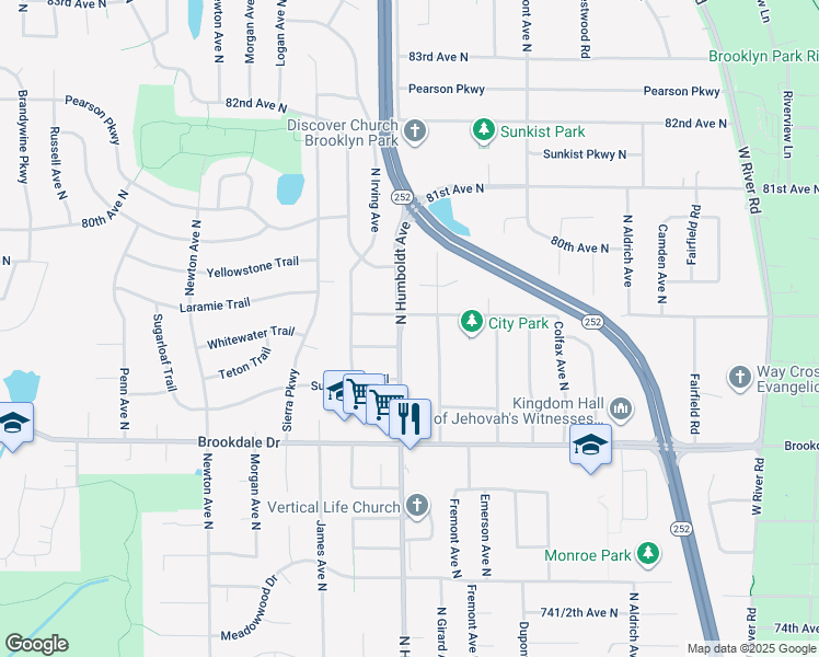 map of restaurants, bars, coffee shops, grocery stores, and more near 7832 North Humboldt Avenue in Minneapolis