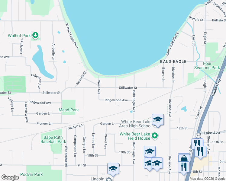 map of restaurants, bars, coffee shops, grocery stores, and more near 1954 Stillwater Street in White Bear Lake