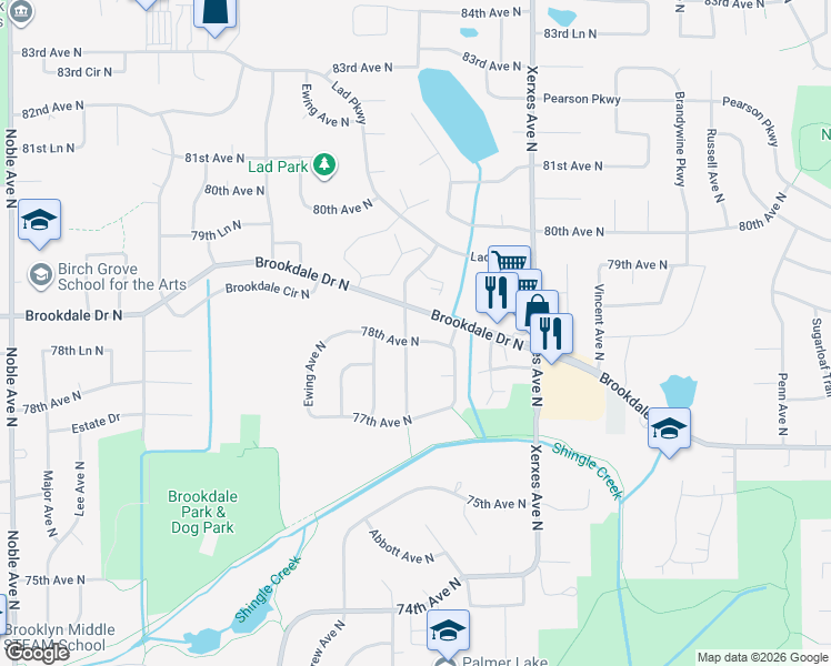 map of restaurants, bars, coffee shops, grocery stores, and more near 3424 78th Avenue North in Minneapolis