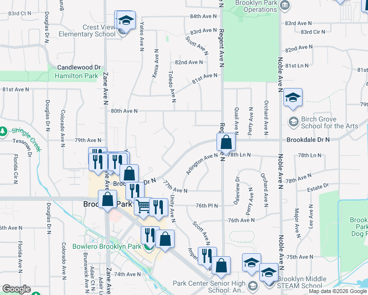 map of restaurants, bars, coffee shops, grocery stores, and more near 5308 Brookdale Drive North in Minneapolis