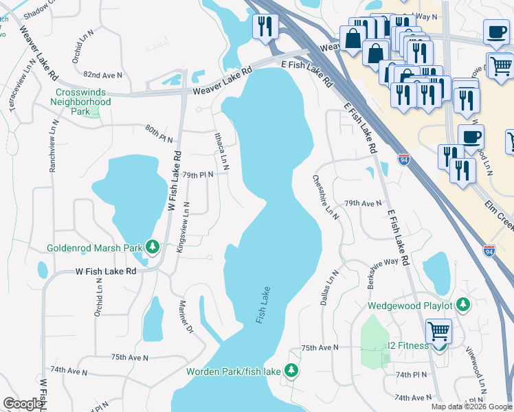 map of restaurants, bars, coffee shops, grocery stores, and more near 7846 Ithaca Lane North in Maple Grove