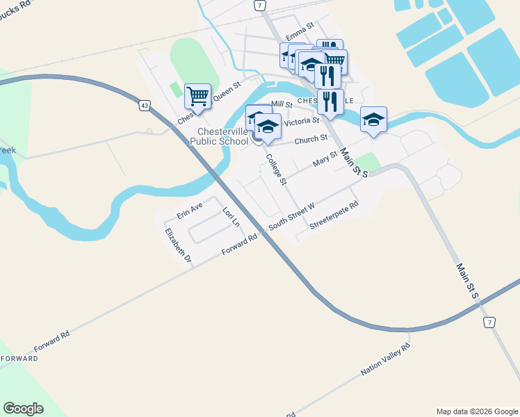 map of restaurants, bars, coffee shops, grocery stores, and more near 49 Thompson Road in Chesterville