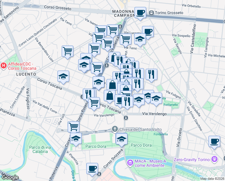 map of restaurants, bars, coffee shops, grocery stores, and more near 18-22 Via Gerolamo Tiraboschi in Turin