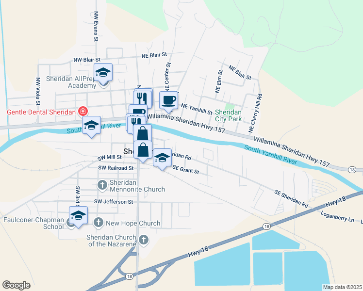map of restaurants, bars, coffee shops, grocery stores, and more near 341 SE Sheridan Rd in Sheridan
