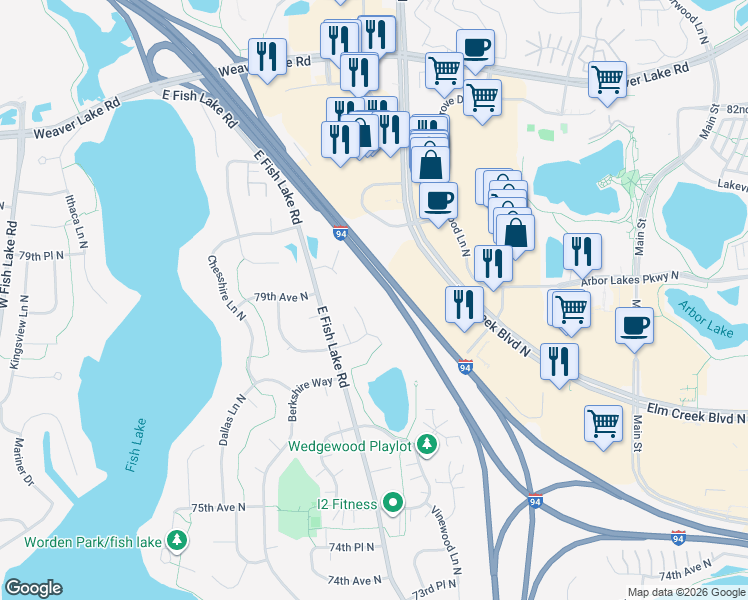map of restaurants, bars, coffee shops, grocery stores, and more near 7822 Yucca Lane North in Maple Grove