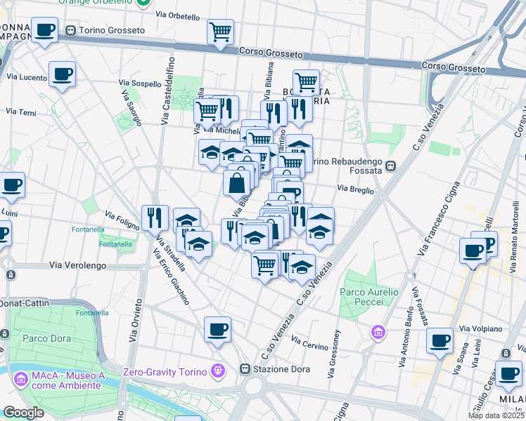 map of restaurants, bars, coffee shops, grocery stores, and more near 16 Via Arturo Colautti in Torino