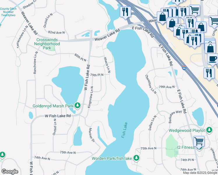 map of restaurants, bars, coffee shops, grocery stores, and more near 7863 Ithaca Lane North in Maple Grove