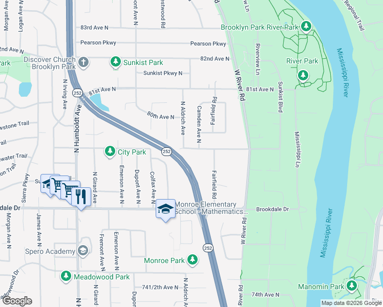 map of restaurants, bars, coffee shops, grocery stores, and more near 719 79th Avenue North in Minneapolis