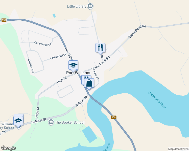 map of restaurants, bars, coffee shops, grocery stores, and more near 1003 Kars Street in Port Williams