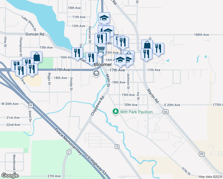 map of restaurants, bars, coffee shops, grocery stores, and more near 1821 Main Street in Bloomer