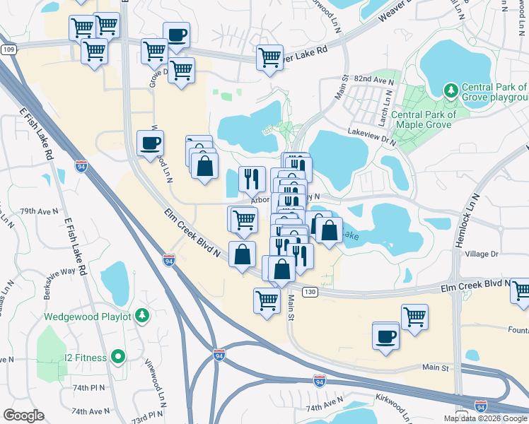 map of restaurants, bars, coffee shops, grocery stores, and more near 12781 Arbor Lakes Parkway North in Maple Grove