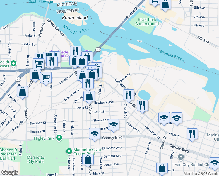 map of restaurants, bars, coffee shops, grocery stores, and more near 1529 Main Street in Marinette