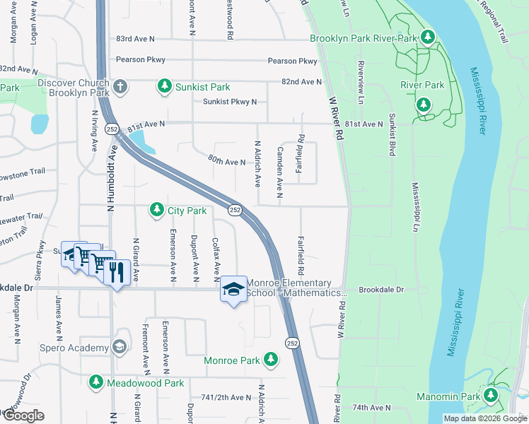 map of restaurants, bars, coffee shops, grocery stores, and more near 719 79th Avenue North in Minneapolis