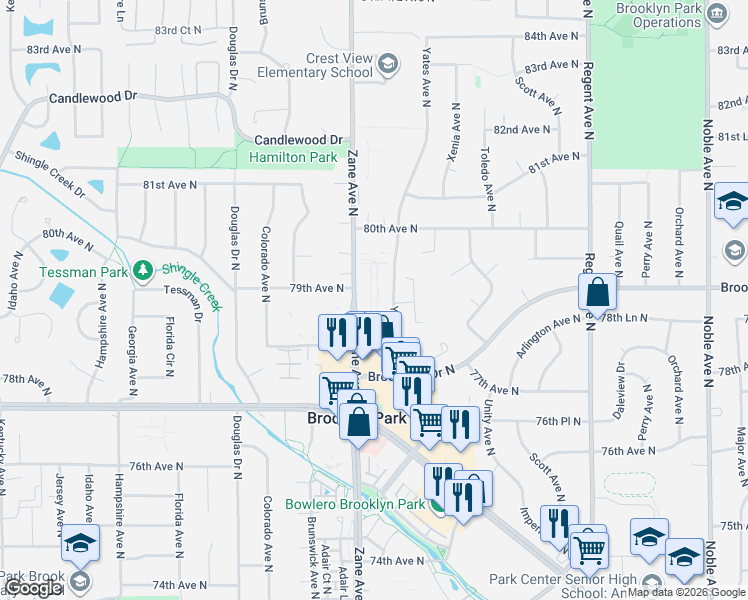 map of restaurants, bars, coffee shops, grocery stores, and more near 7870 Zane Avenue North in Minneapolis