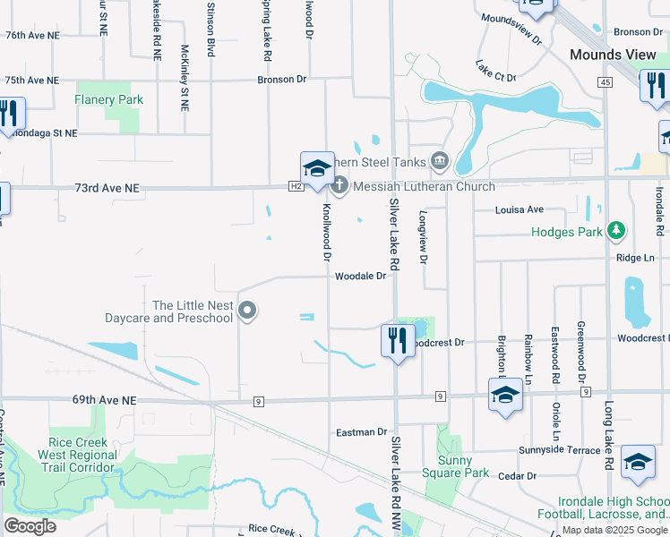 map of restaurants, bars, coffee shops, grocery stores, and more near 7111 Knollwood Drive in Mounds View