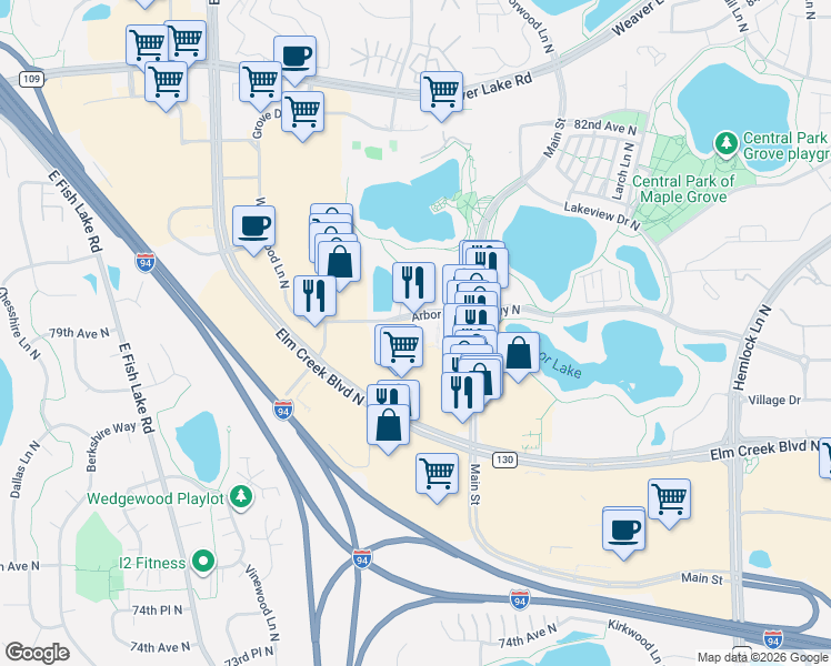 map of restaurants, bars, coffee shops, grocery stores, and more near 12911 Arbor Lakes Parkway North in Osseo
