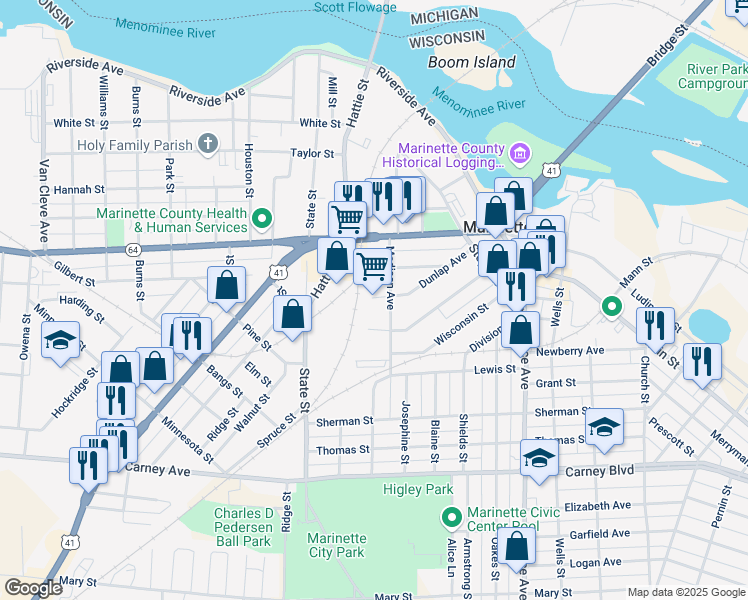 map of restaurants, bars, coffee shops, grocery stores, and more near 1905 Dunlap Avenue in Marinette