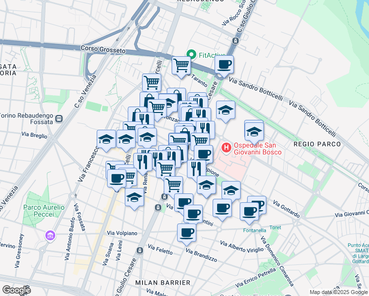 map of restaurants, bars, coffee shops, grocery stores, and more near 138 Via Sempione in Torino