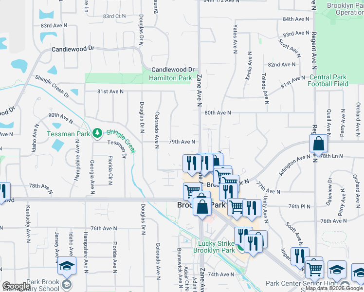 map of restaurants, bars, coffee shops, grocery stores, and more near 6240 78th Avenue North in Brooklyn Park