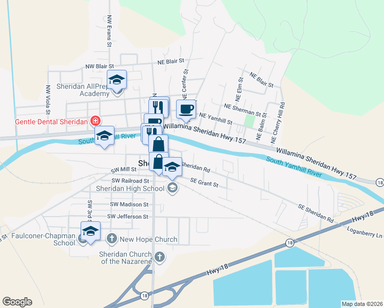 map of restaurants, bars, coffee shops, grocery stores, and more near 341 Southeast Sheridan Road in Sheridan