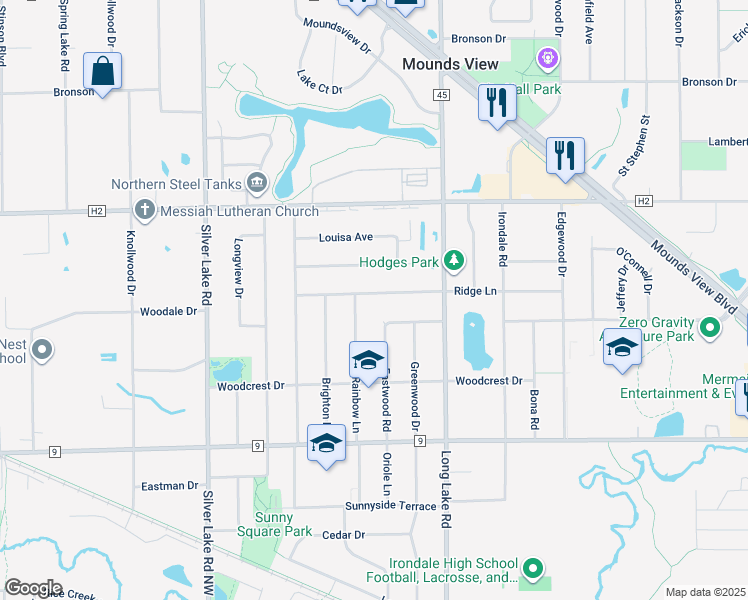 map of restaurants, bars, coffee shops, grocery stores, and more near 2616 Ridge Lane in Mounds View